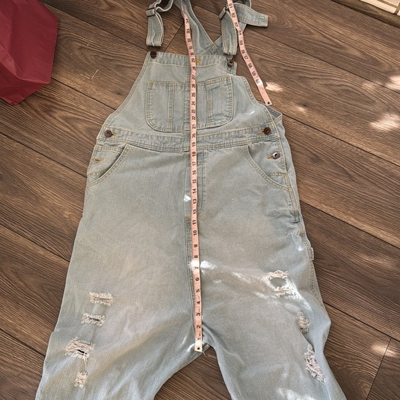 Distressed light blue drop crotch Japanese denim overalls one size baggy - Picture 5 of 10